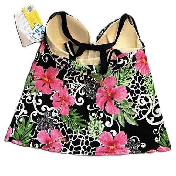 NWT FIT 4U WOMENS TANKINI Plus Sz 24W BLACK WHITE w PINK GREEN FLORAL PRINT 1143 - Picture 6 of 12